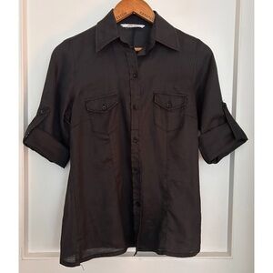 Zara Basic Black Collared Shirt with 3/4 Sleeves Size Small